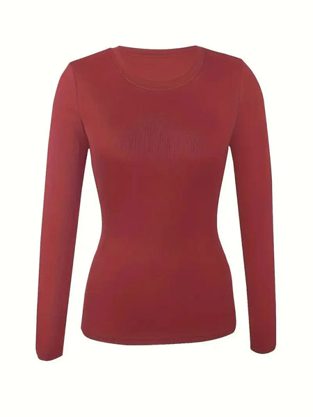 Women's Fitted Crew Neck Top with Long Sleeves and Ribbed Texture