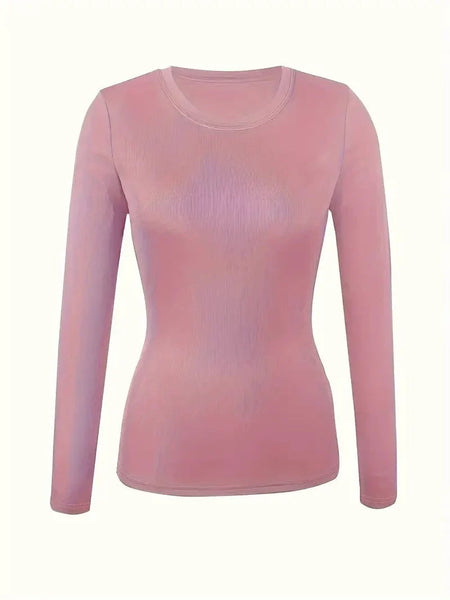 Women's Fitted Crew Neck Top with Long Sleeves and Ribbed Texture