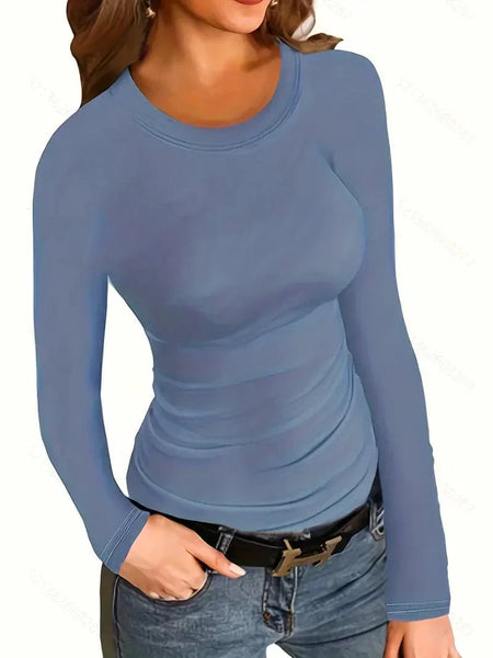 Women's Fitted Crew Neck Top with Long Sleeves and Ribbed Texture