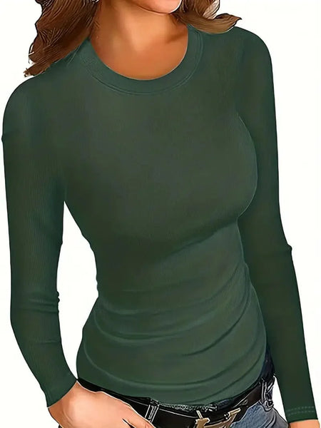 Women's Fitted Crew Neck Top with Long Sleeves and Ribbed Texture