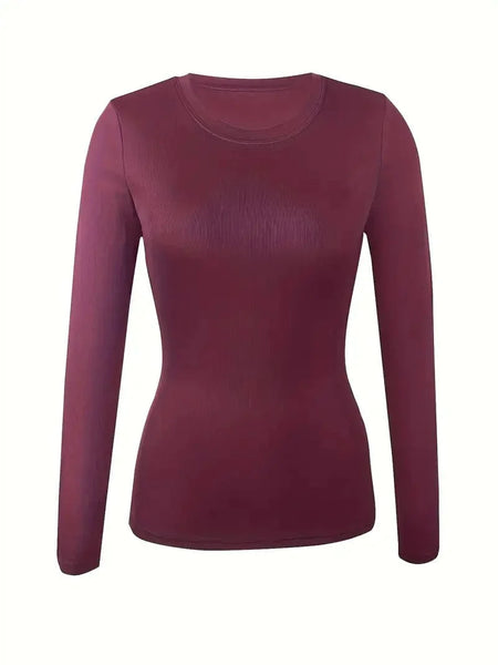 Women's Fitted Crew Neck Top with Long Sleeves and Ribbed Texture