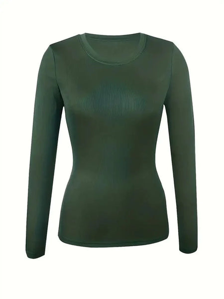 Women's Fitted Crew Neck Top with Long Sleeves and Ribbed Texture
