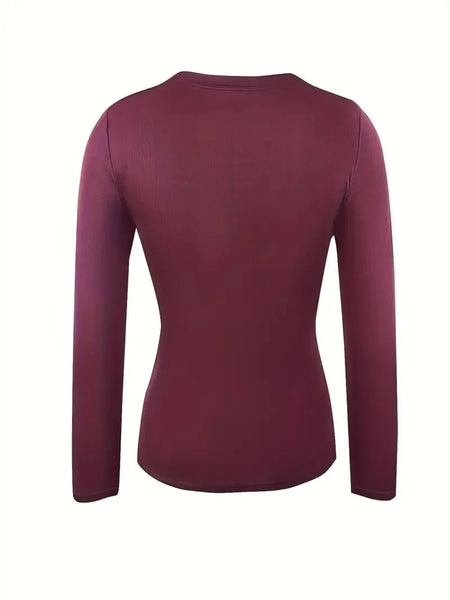 Women's Fitted Crew Neck Top with Long Sleeves and Ribbed Texture