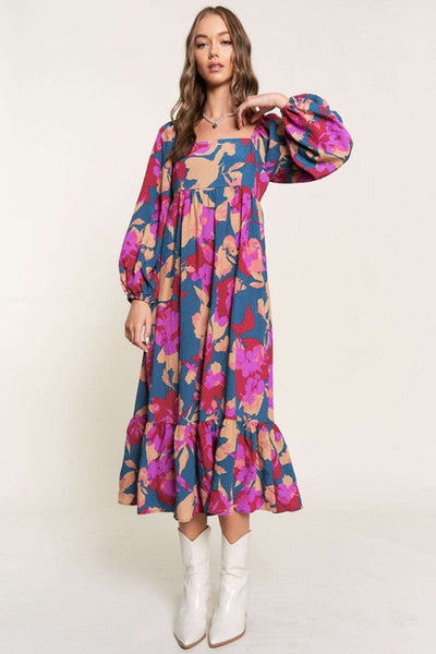 Floral Bliss Square Neck High Waist Midi Dress