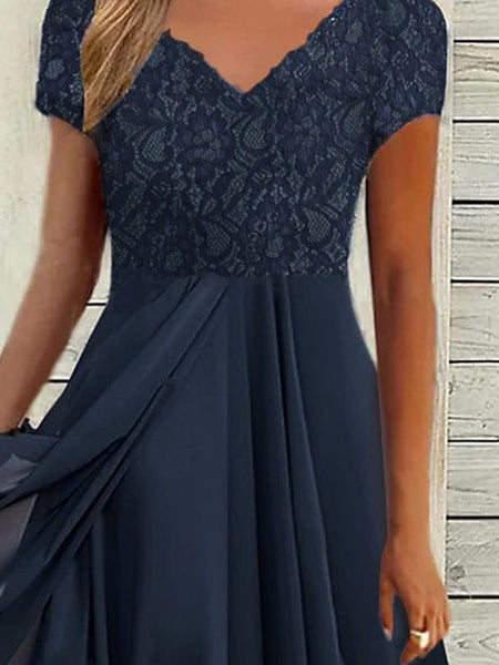 Floral Navy Blue Chiffon Party Dress with V-Neck and Ruched Details