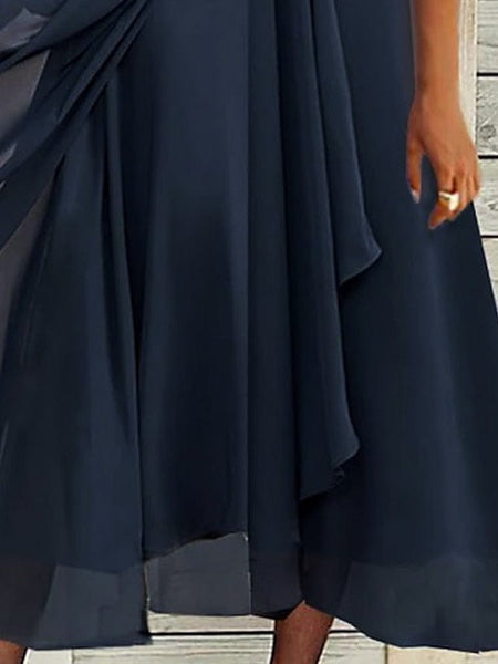 Floral Navy Blue Chiffon Party Dress with V-Neck and Ruched Details