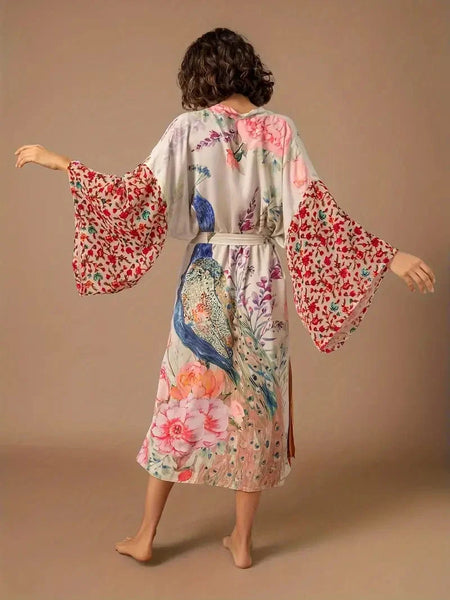 Watercolor Floral and Peacock Print Wrap Robe