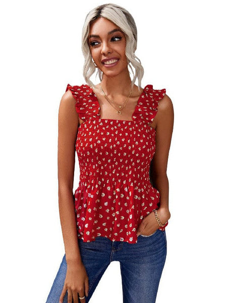 Floral Pleated Sleeveless Top With Slim Fit Pullover Style
