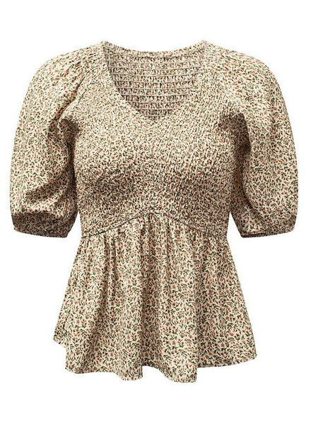Floral Pleated V-Neck Chiffon Blouse With Puff Sleeves For Women