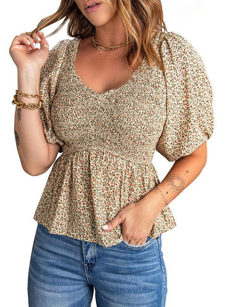 Floral Pleated V-Neck Chiffon Blouse With Puff Sleeves For Women