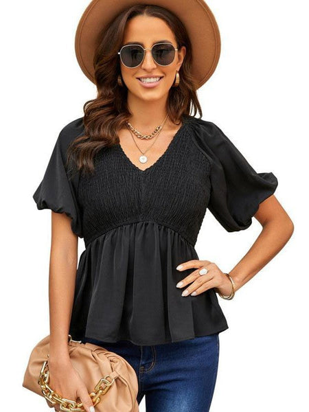 Floral Pleated V-Neck Chiffon Blouse With Puff Sleeves For Women