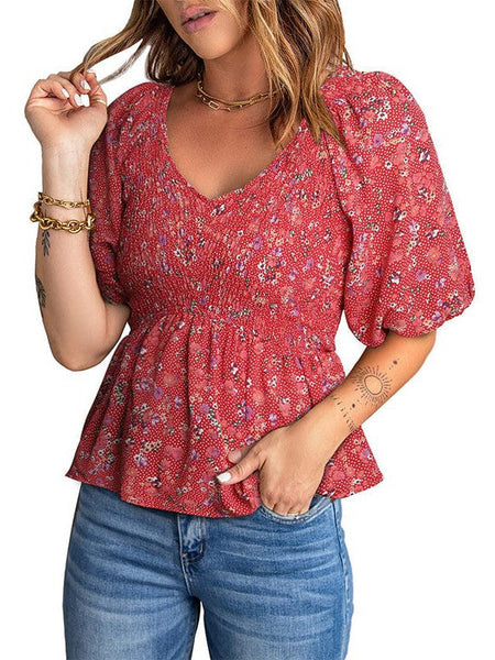 Floral Pleated V-Neck Chiffon Blouse With Puff Sleeves For Women