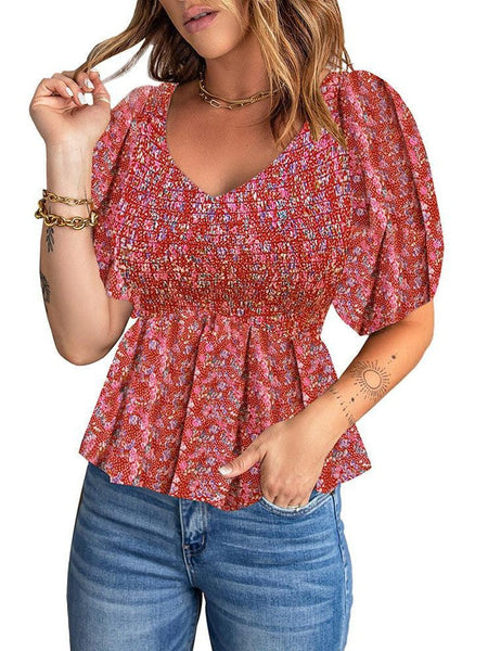 Floral Pleated V-Neck Chiffon Blouse With Puff Sleeves For Women