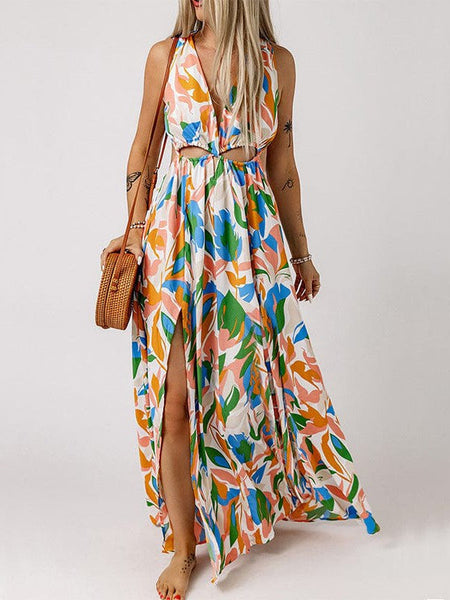 Temperament Print Waist V Neck Midi Dress