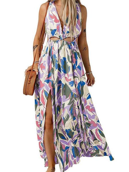 Temperament Print Waist V Neck Midi Dress