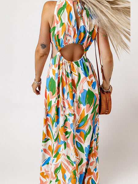 Temperament Print Waist V Neck Midi Dress