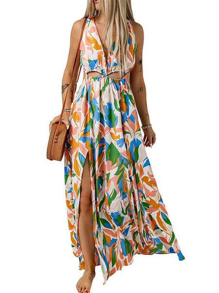 Temperament Print Waist V Neck Midi Dress