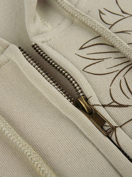 Floral Print Drawstring Zipper Pocket Loose Sports Hoodie