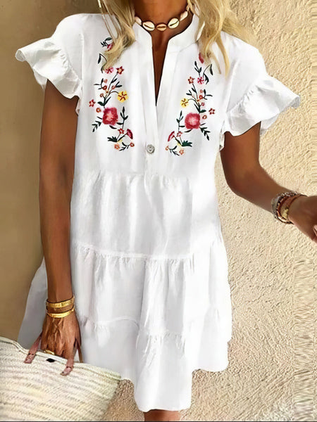 Floral Print Fringed V-neck Mini Dress