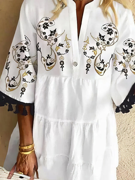 Floral Print Fringed V-neck Mini Dress