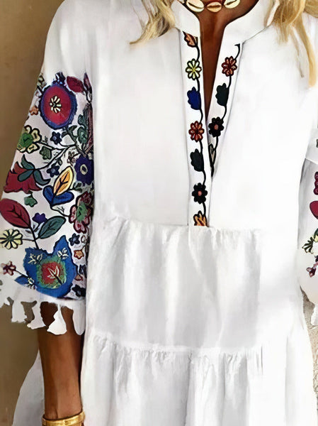 Floral Print Fringed V-neck Mini Dress