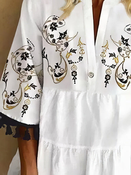 Floral Print Fringed V-neck Mini Dress