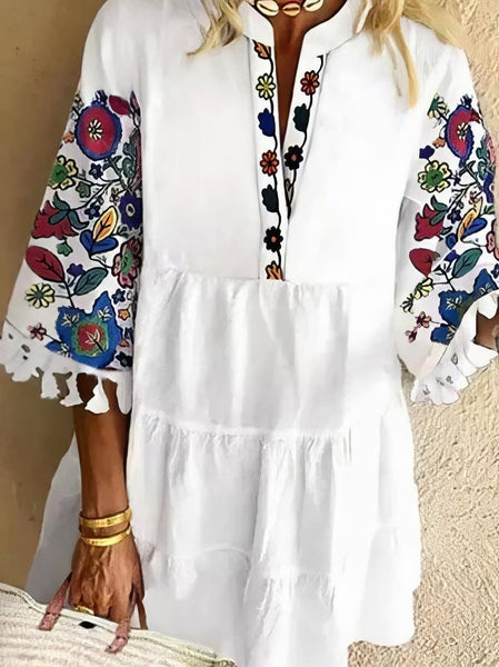 Floral Print Fringed V-neck Mini Dress