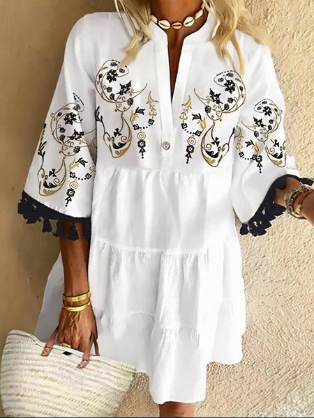 Floral Print Fringed V-neck Mini Dress