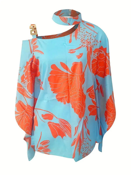 Women's Floral Print Halter Batwing Sleeve Women's Blouse for Summer