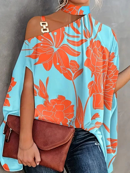 Women's Floral Print Halter Batwing Sleeve Women's Blouse for Summer