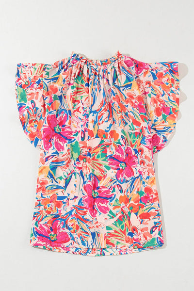 Floral Print Ruffle Sleeve V Neck Summer Top
