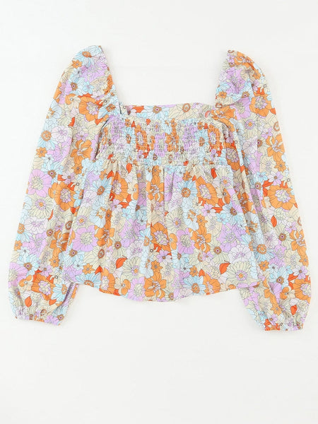 Floral Print Square Neck Puff Sleeve Babydoll Top
