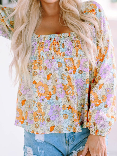 Floral Print Square Neck Puff Sleeve Babydoll Top