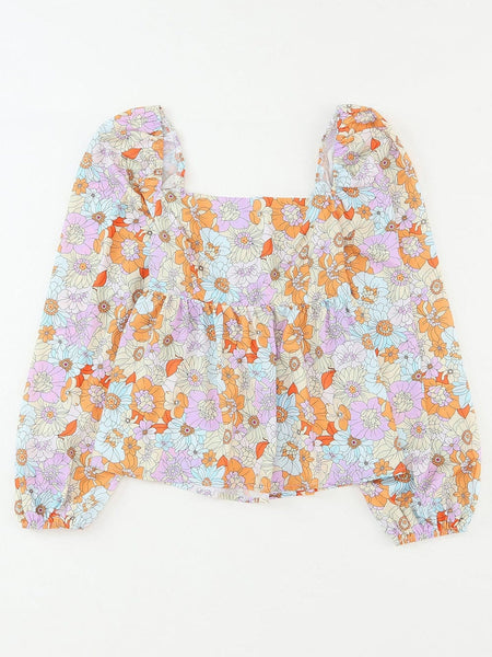 Floral Print Square Neck Puff Sleeve Babydoll Top