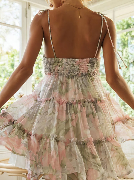 Floral Print Suspender Chiffon Seaside Beach Dress