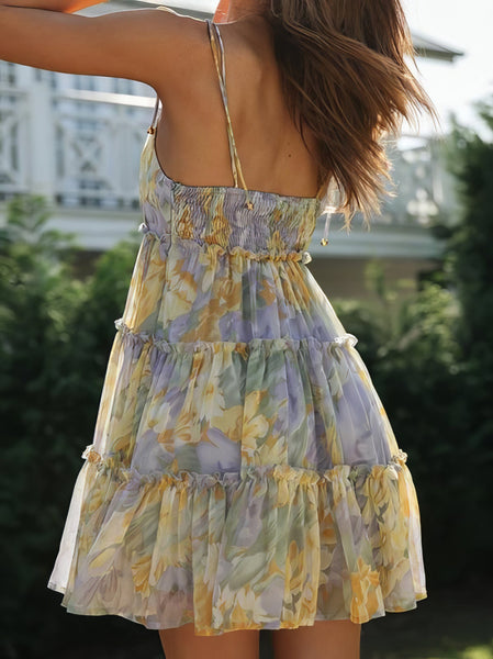 Floral Print Suspender Chiffon Seaside Beach Dress