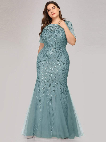 Women's Dusty Blue Floral Sequin Mermaid Tulle Evening Gown