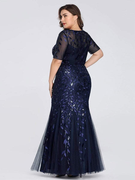 Women's Dusty Blue Floral Sequin Mermaid Tulle Evening Gown