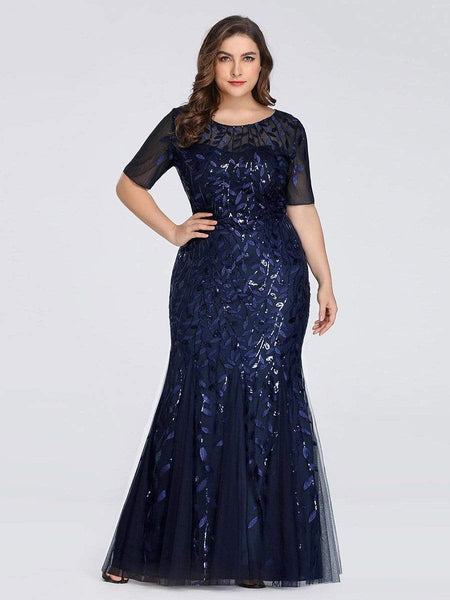 Women's Dusty Blue Floral Sequin Mermaid Tulle Evening Gown