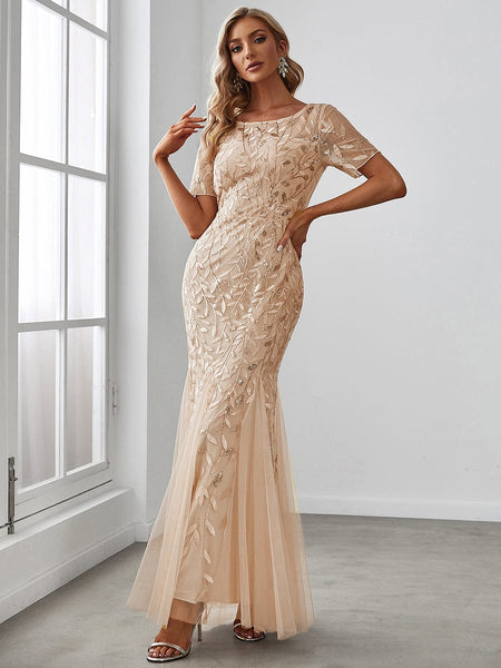 Women's Dusty Blue Floral Sequin Mermaid Tulle Evening Gown