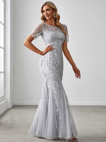 Women's Dusty Blue Floral Sequin Mermaid Tulle Evening Gown