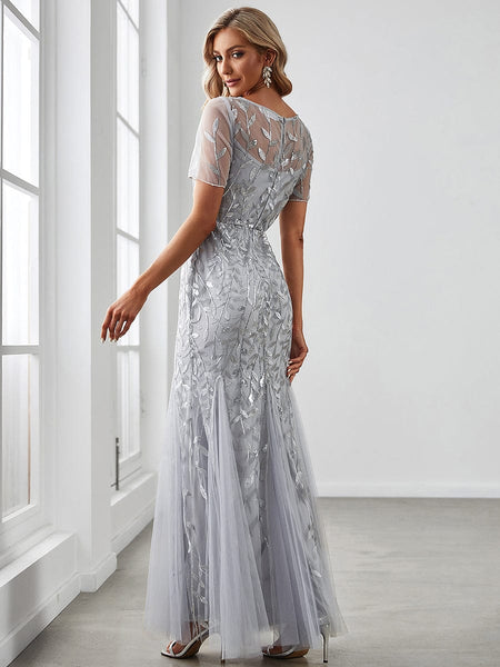 Women's Dusty Blue Floral Sequin Mermaid Tulle Evening Gown