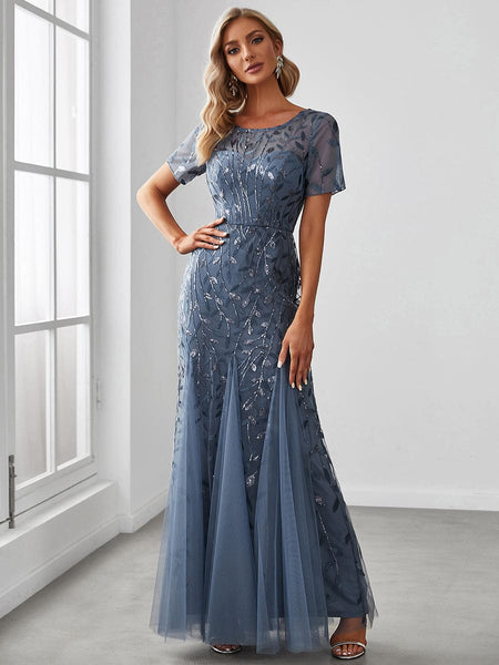 Women's Dusty Blue Floral Sequin Mermaid Tulle Evening Gown