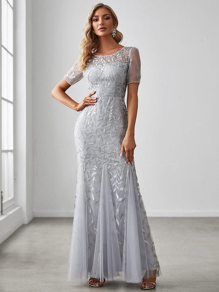 Women's Dusty Blue Floral Sequin Mermaid Tulle Evening Gown