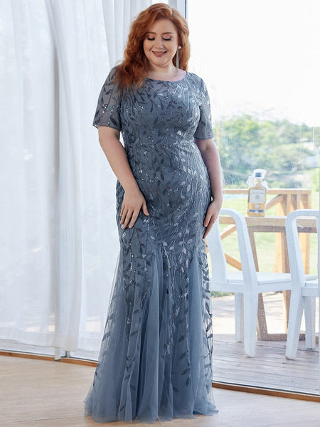Women's Dusty Blue Floral Sequin Mermaid Tulle Evening Gown