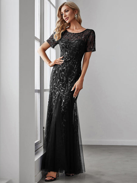 Women's Dusty Blue Floral Sequin Mermaid Tulle Evening Gown