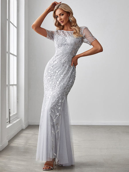 Women's Dusty Blue Floral Sequin Mermaid Tulle Evening Gown