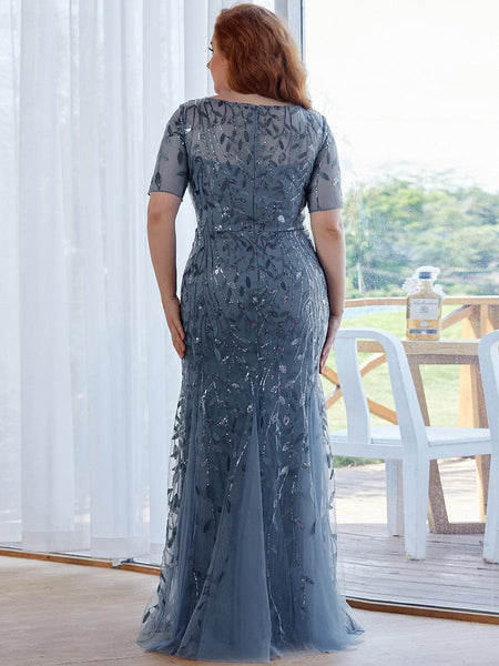 Women's Dusty Blue Floral Sequin Mermaid Tulle Evening Gown