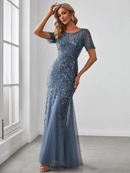 Women's Dusty Blue Floral Sequin Mermaid Tulle Evening Gown