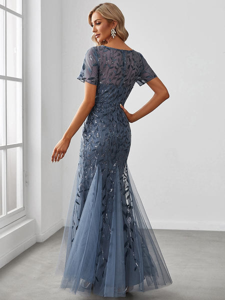 Women's Dusty Blue Floral Sequin Mermaid Tulle Evening Gown